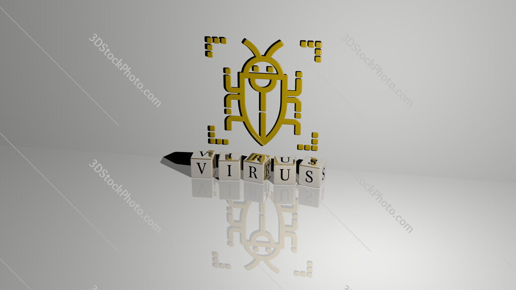 virus text of cubic dice letters on the floor and 3D icon on the wall