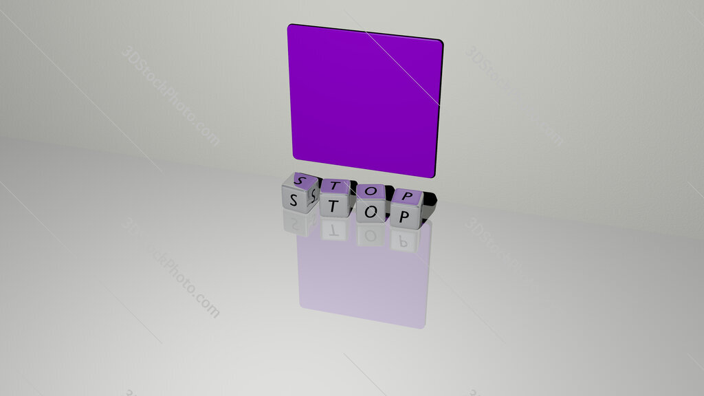 stop text of cubic dice letters on the floor and 3D icon on the wall