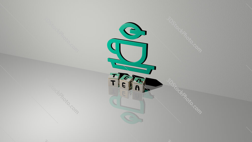 tea text of cubic dice letters on the floor and 3D icon on the wall