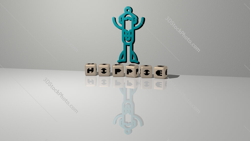 hippie text of cubic dice letters on the floor and 3D icon on the wall