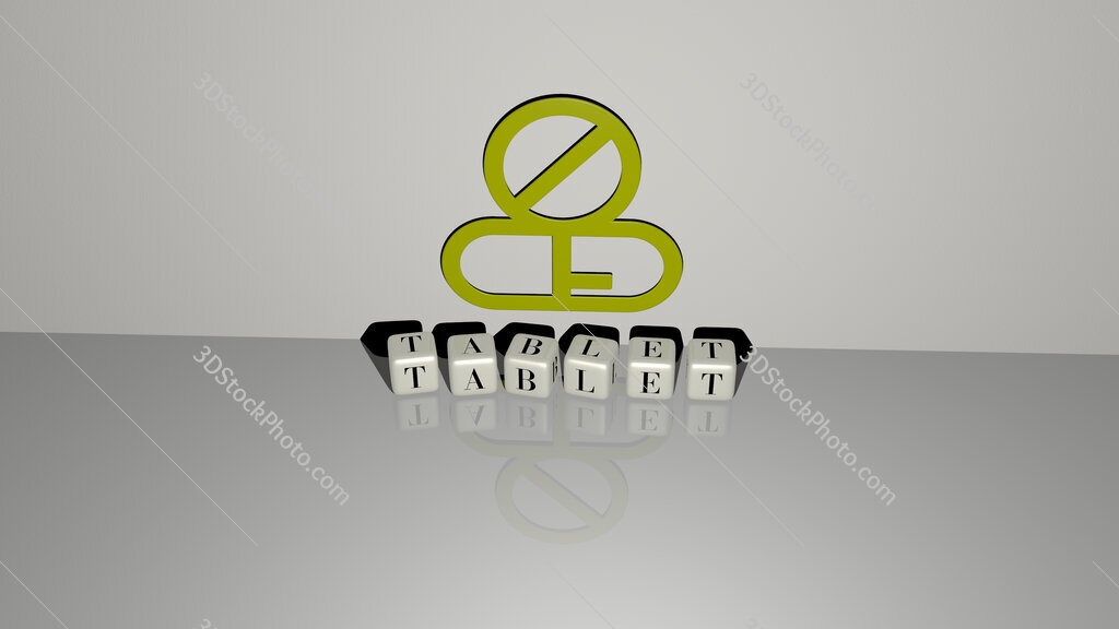tablet text of cubic dice letters on the floor and 3D icon on the wall