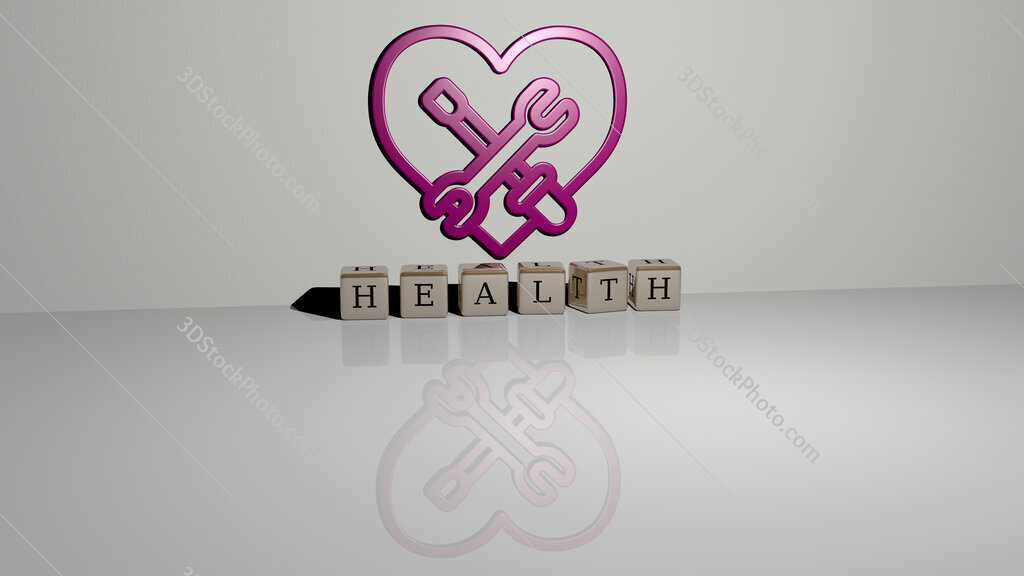 health text of cubic dice letters on the floor and 3D icon on the wall