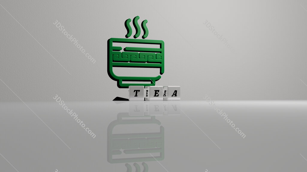 tea text of cubic dice letters on the floor and 3D icon on the wall
