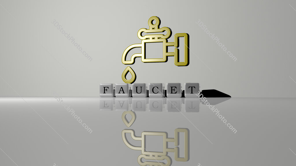 faucet text of cubic dice letters on the floor and 3D icon on the wall