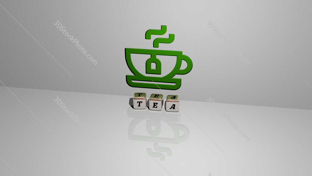 tea text of cubic dice letters on the floor and 3D icon on the wall