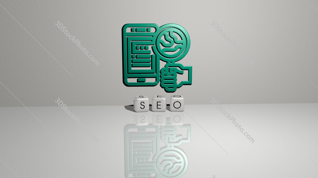 seo text of cubic dice letters on the floor and 3D icon on the wall