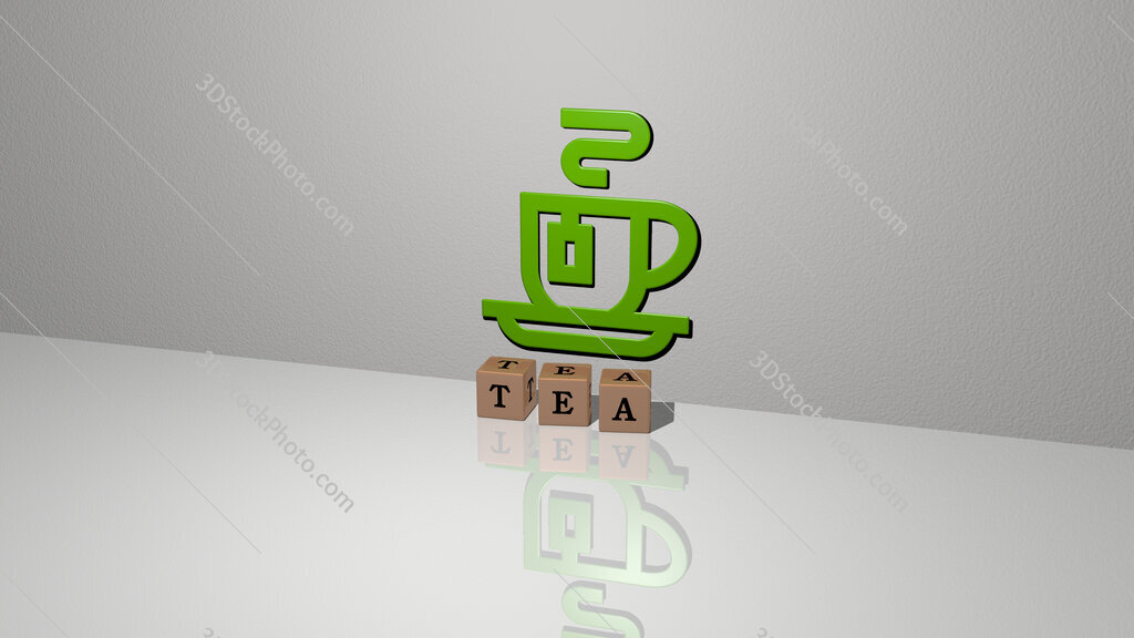 tea text of cubic dice letters on the floor and 3D icon on the wall