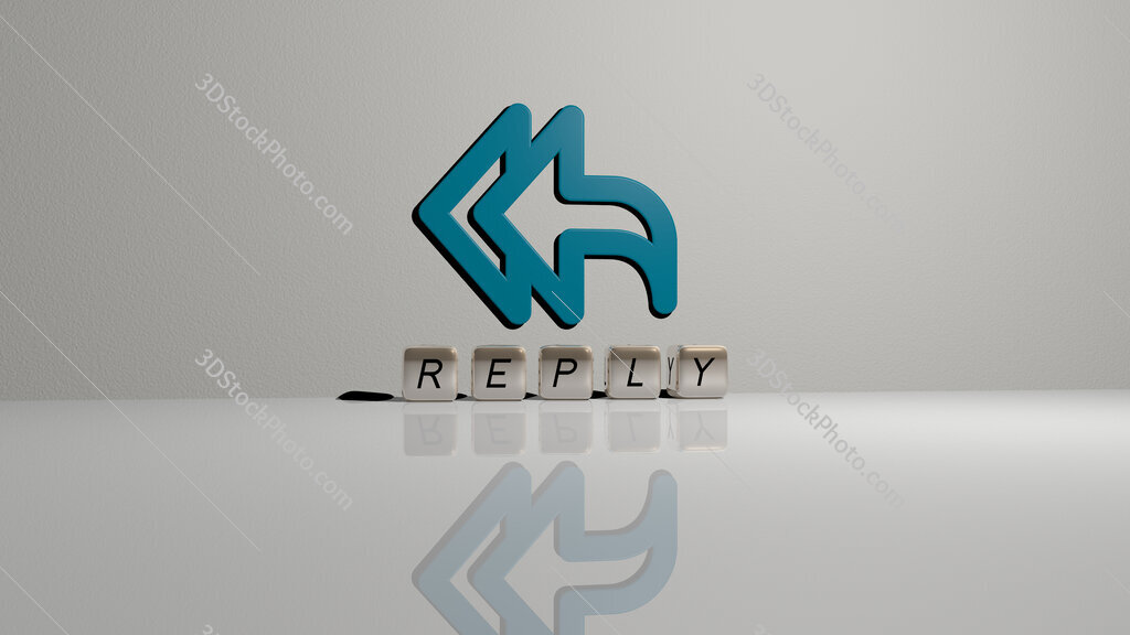 reply text of cubic dice letters on the floor and 3D icon on the wall