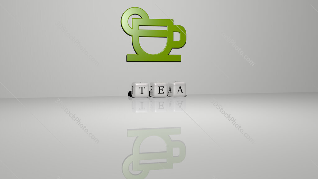 tea text of cubic dice letters on the floor and 3D icon on the wall