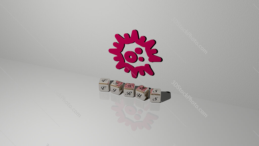 virus text of cubic dice letters on the floor and 3D icon on the wall