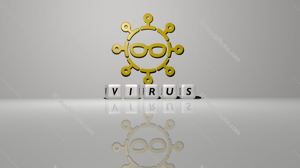 virus text of cubic dice letters on the floor and 3D icon on the wall
