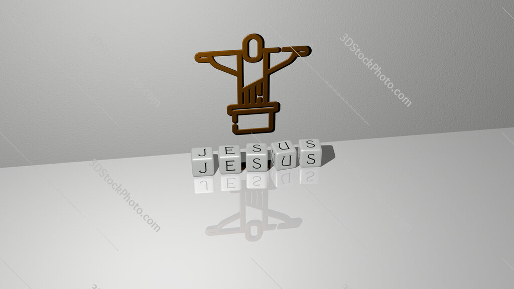 jesus text of cubic dice letters on the floor and 3D icon on the wall