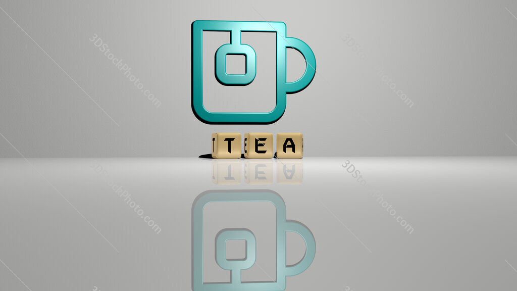 tea text of cubic dice letters on the floor and 3D icon on the wall