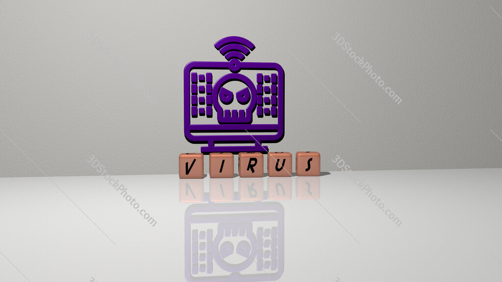 virus text of cubic dice letters on the floor and 3D icon on the wall