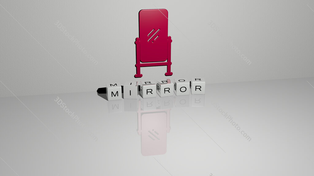 mirror text of cubic dice letters on the floor and 3D icon on the wall