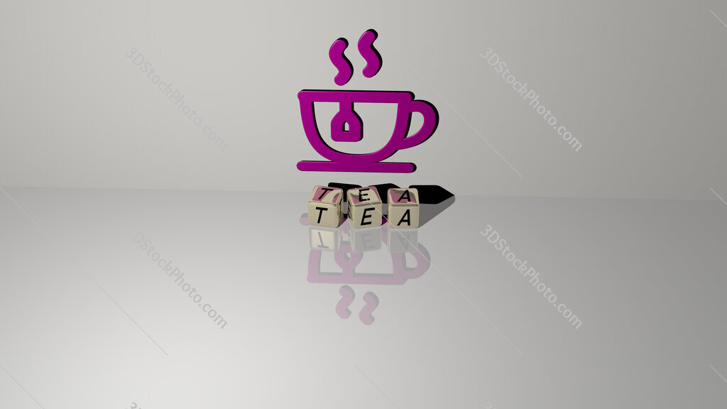 tea text of cubic dice letters on the floor and 3D icon on the wall
