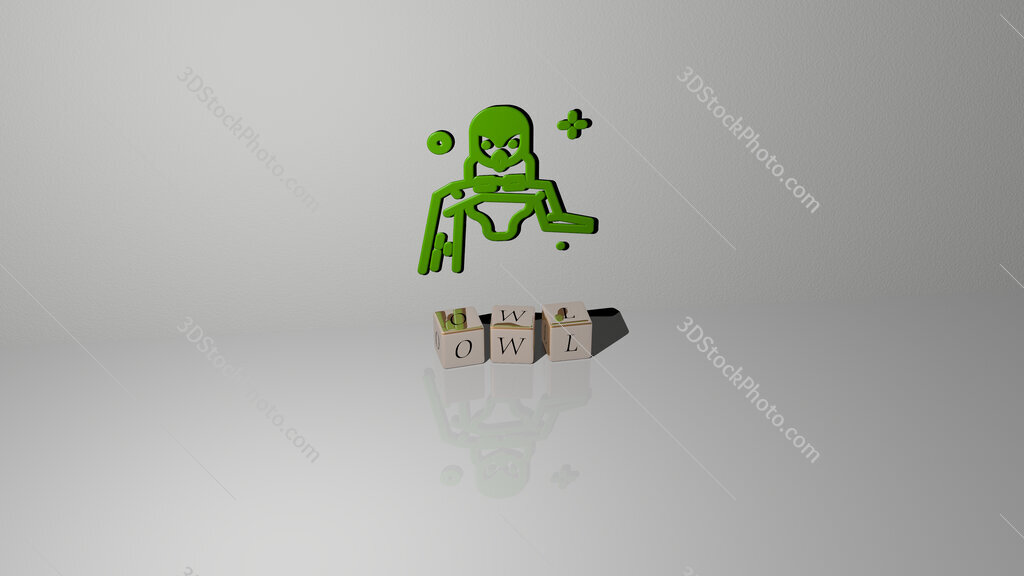 owl text of cubic dice letters on the floor and 3D icon on the wall
