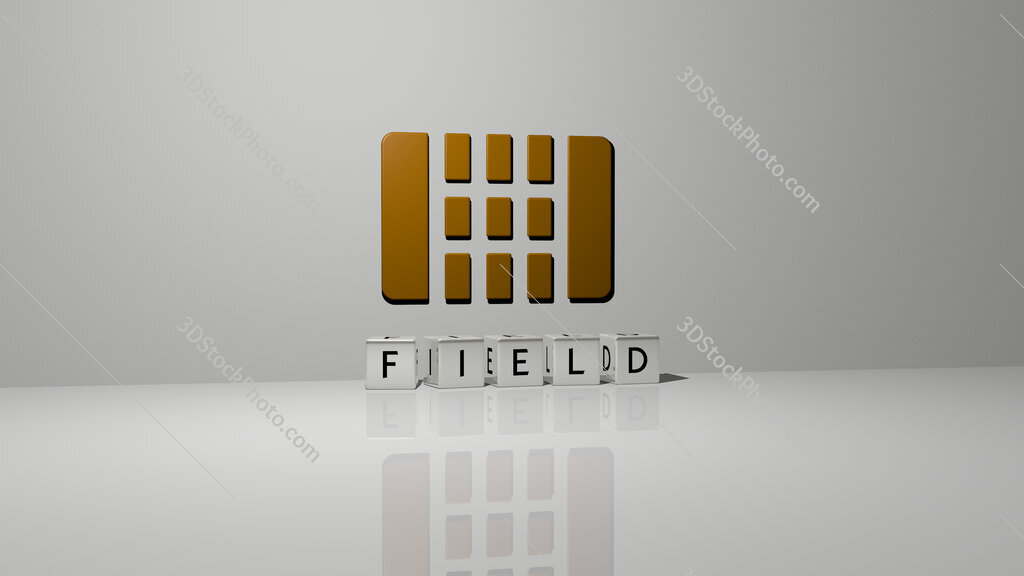 field text of cubic dice letters on the floor and 3D icon on the wall