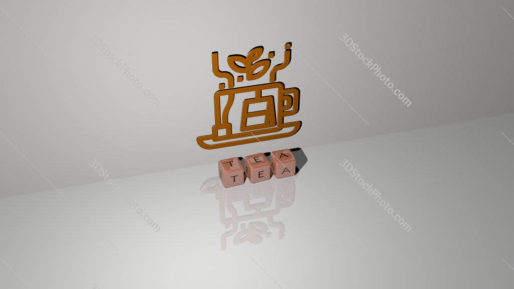tea text of cubic dice letters on the floor and 3D icon on the wall