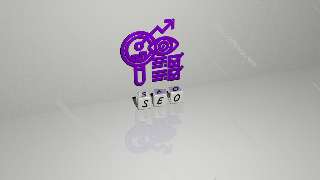 seo text of cubic dice letters on the floor and 3D icon on the wall