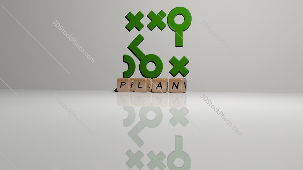 plan text of cubic dice letters on the floor and 3D icon on the wall