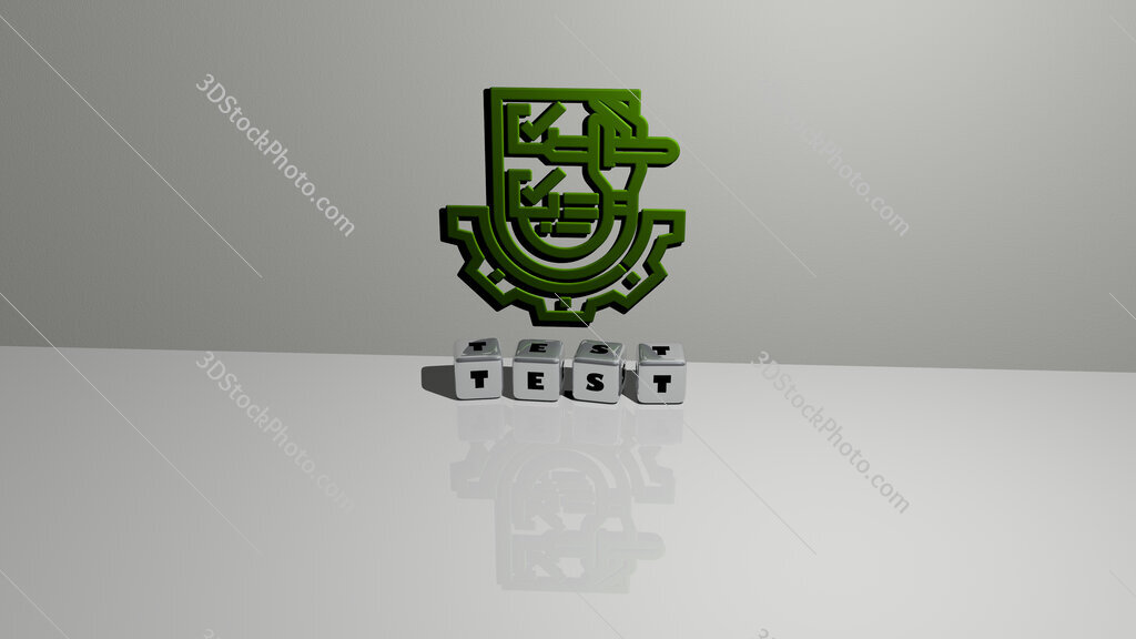 test text of cubic dice letters on the floor and 3D icon on the wall