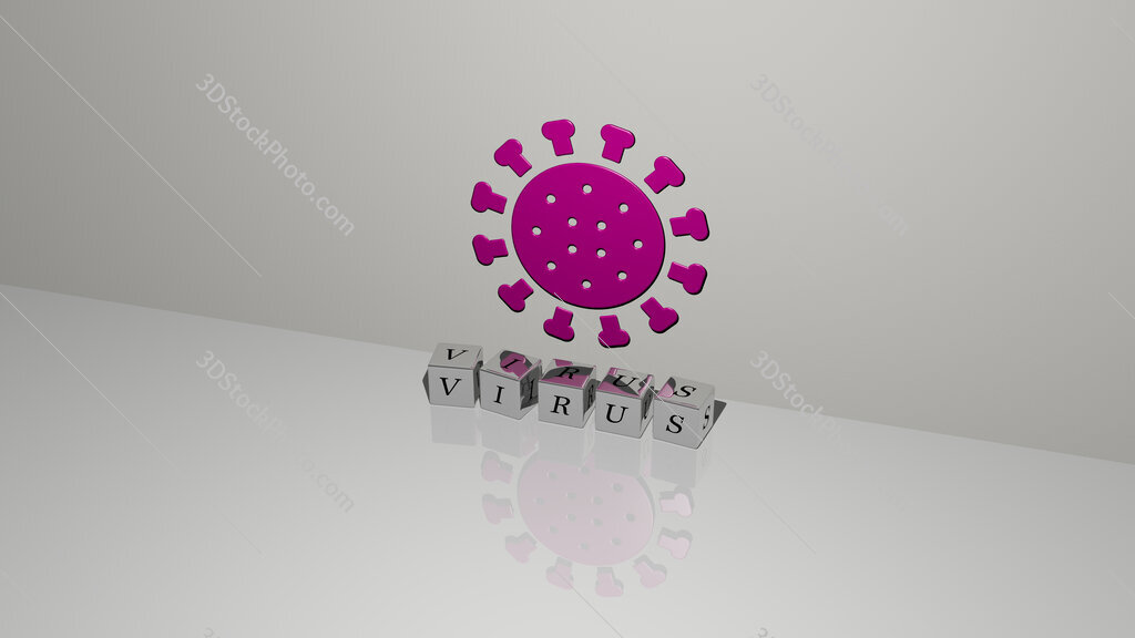 virus text of cubic dice letters on the floor and 3D icon on the wall