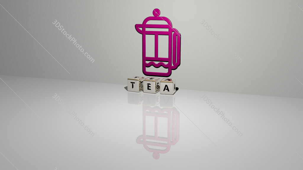 tea text of cubic dice letters on the floor and 3D icon on the wall
