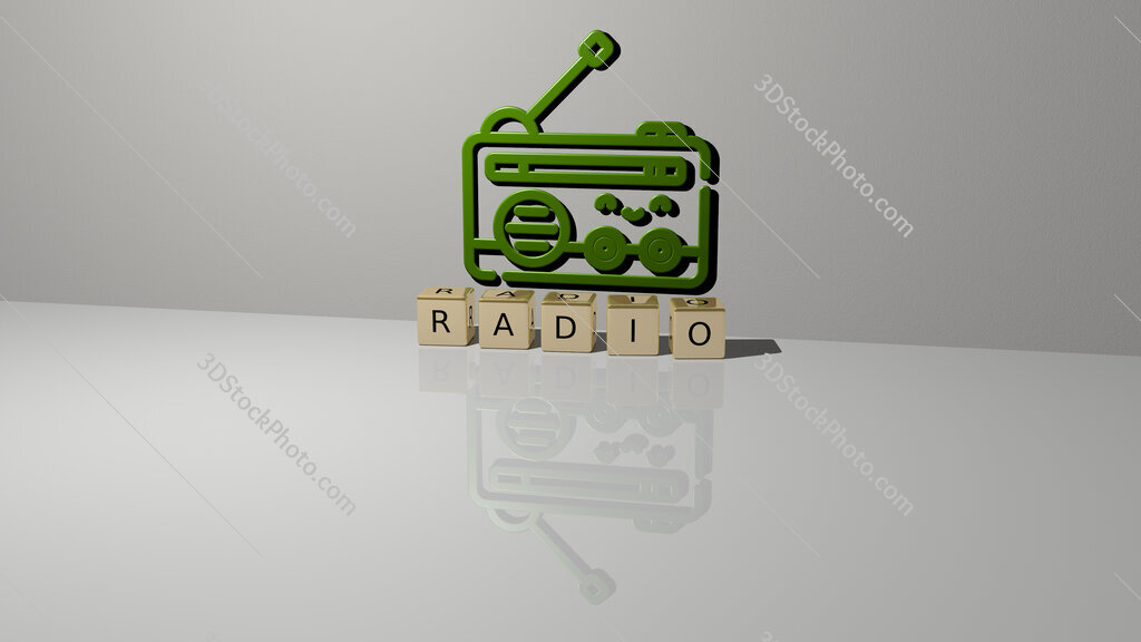 radio text of cubic dice letters on the floor and 3D icon on the wall
