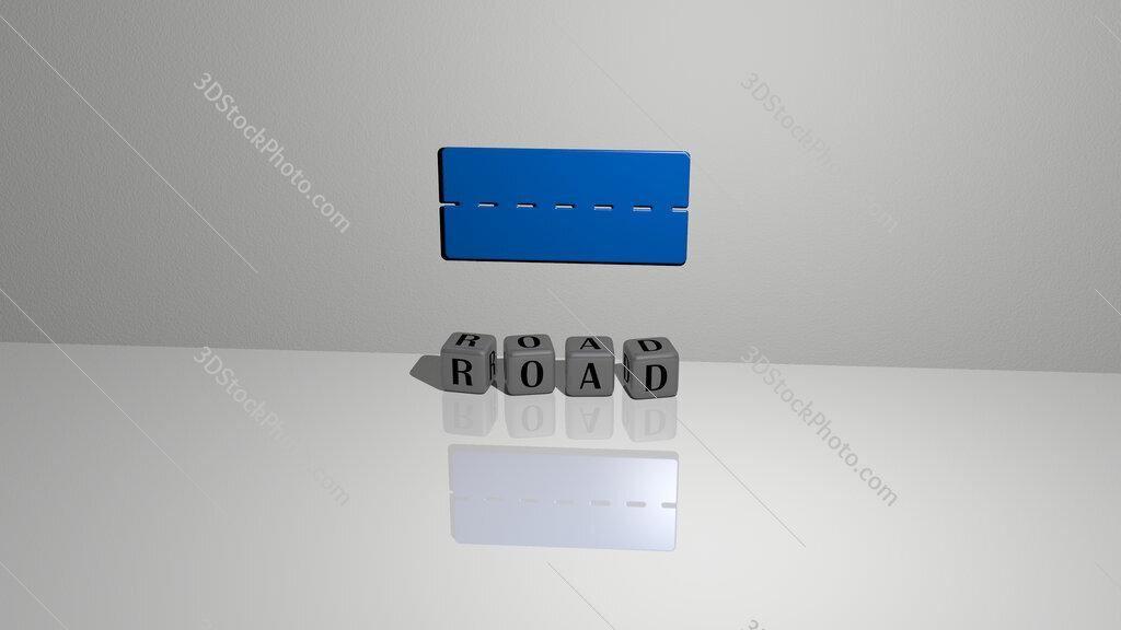 road text of cubic dice letters on the floor and 3D icon on the wall