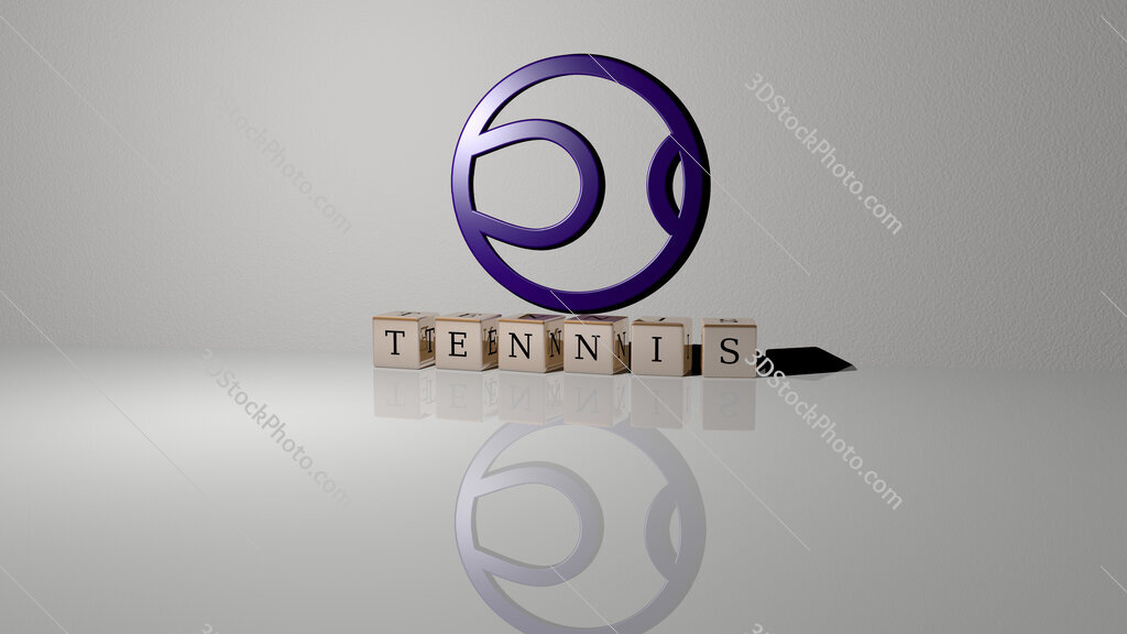 tennis text of cubic dice letters on the floor and 3D icon on the wall