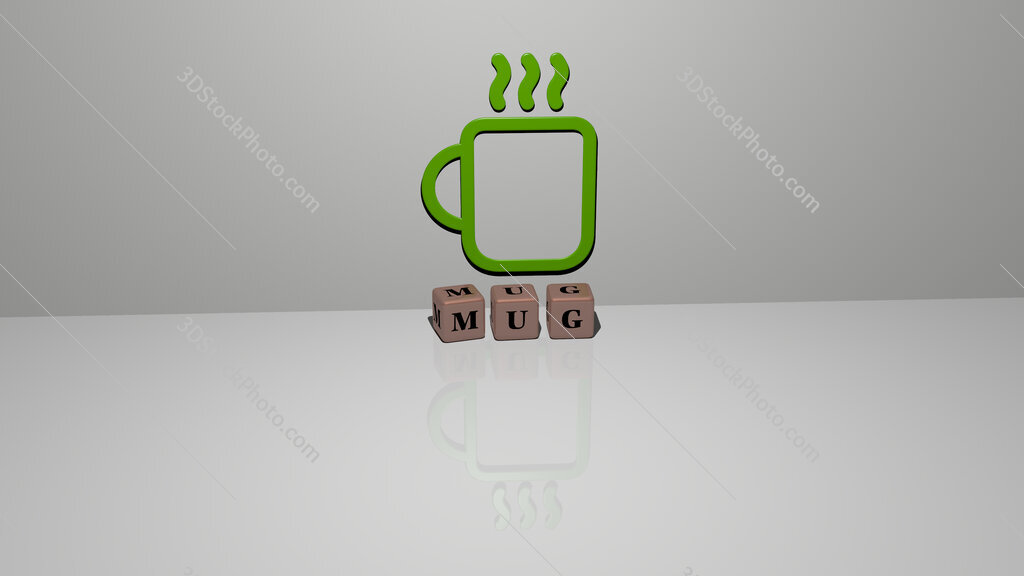 mug text of cubic dice letters on the floor and 3D icon on the wall