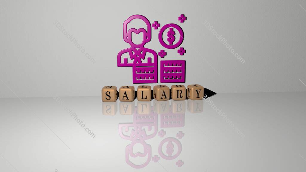 salary text of cubic dice letters on the floor and 3D icon on the wall