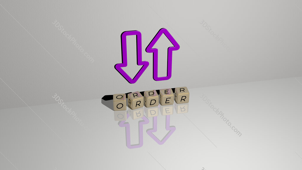 order text of cubic dice letters on the floor and 3D icon on the wall