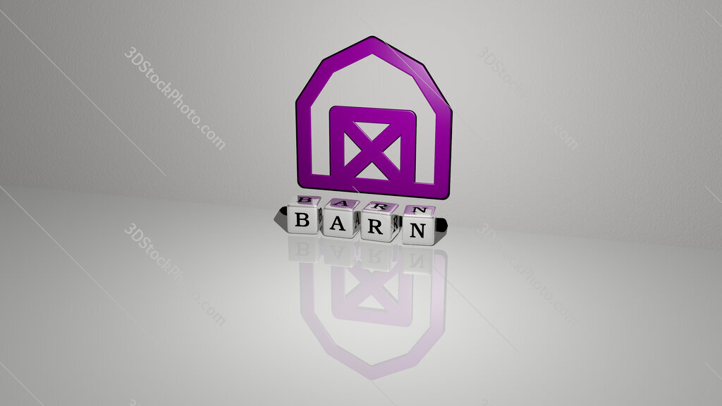 barn text of cubic dice letters on the floor and 3D icon on the wall
