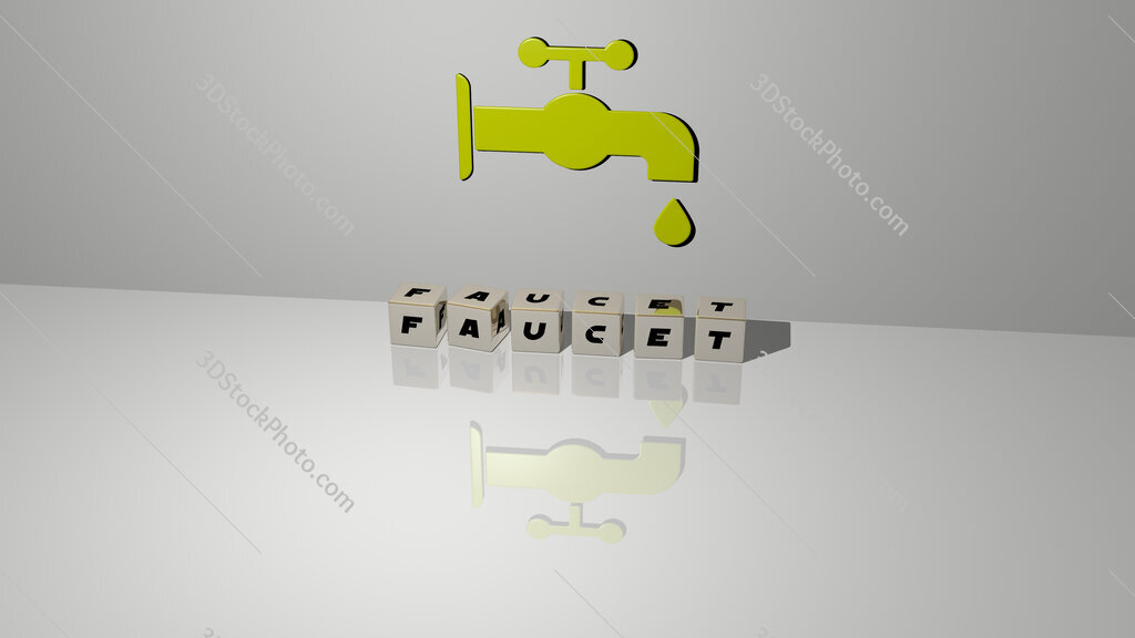 faucet text of cubic dice letters on the floor and 3D icon on the wall