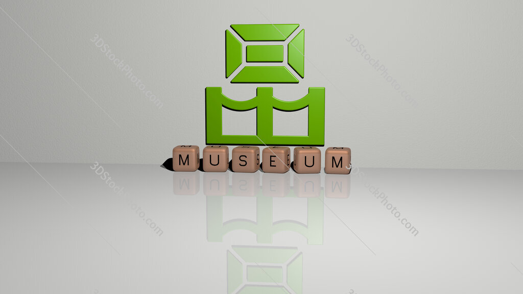 museum text of cubic dice letters on the floor and 3D icon on the wall