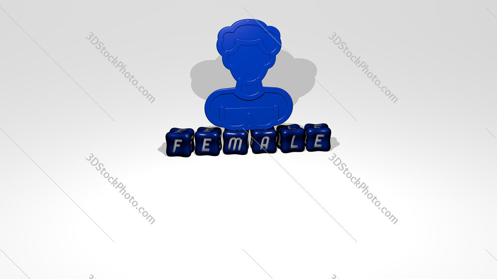 female 3D icon object on text of cubic letters