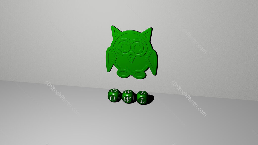 owl 3D icon on the wall and text of cubic alphabets on the floor
