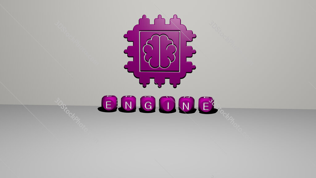 engine 3D icon on the wall and text of cubic alphabets on the floor