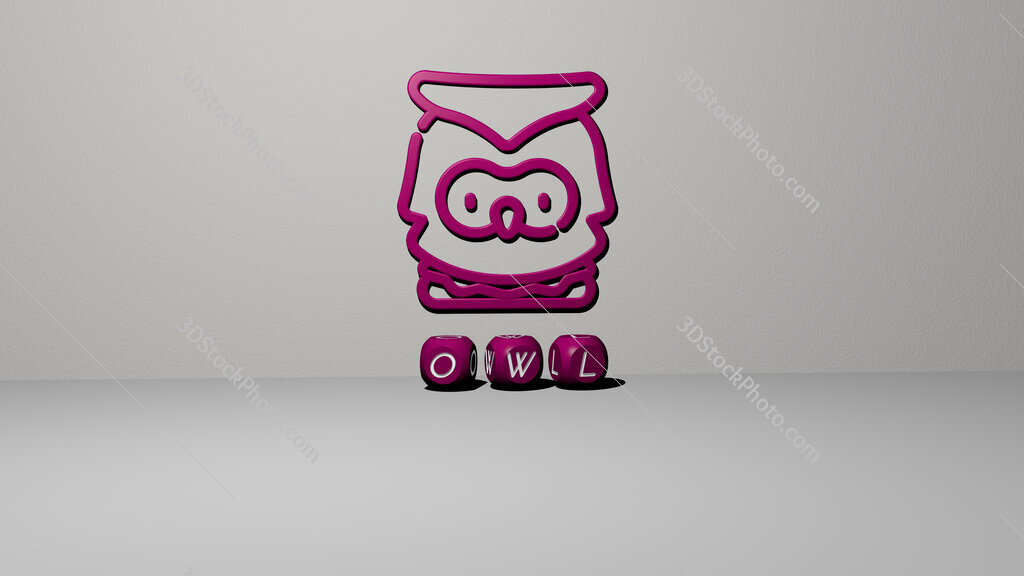 owl 3D icon on the wall and text of cubic alphabets on the floor