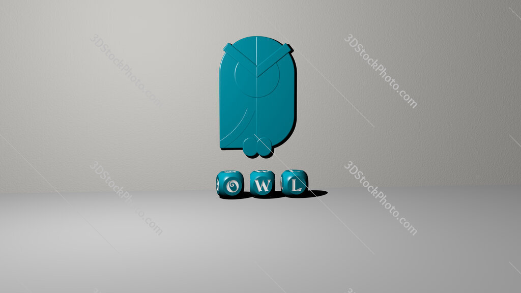owl 3D icon on the wall and text of cubic alphabets on the floor