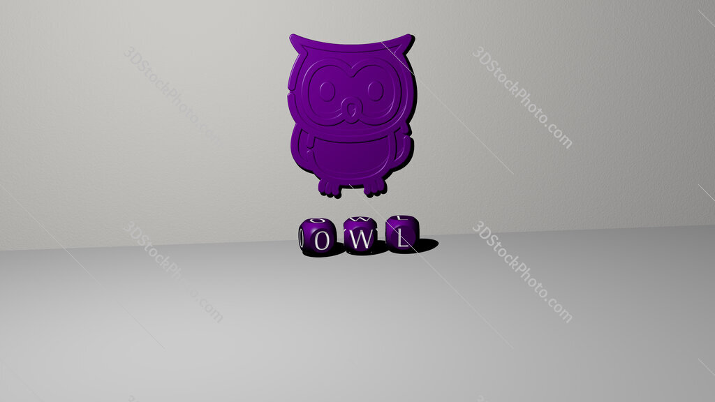 owl 3D icon on the wall and text of cubic alphabets on the floor