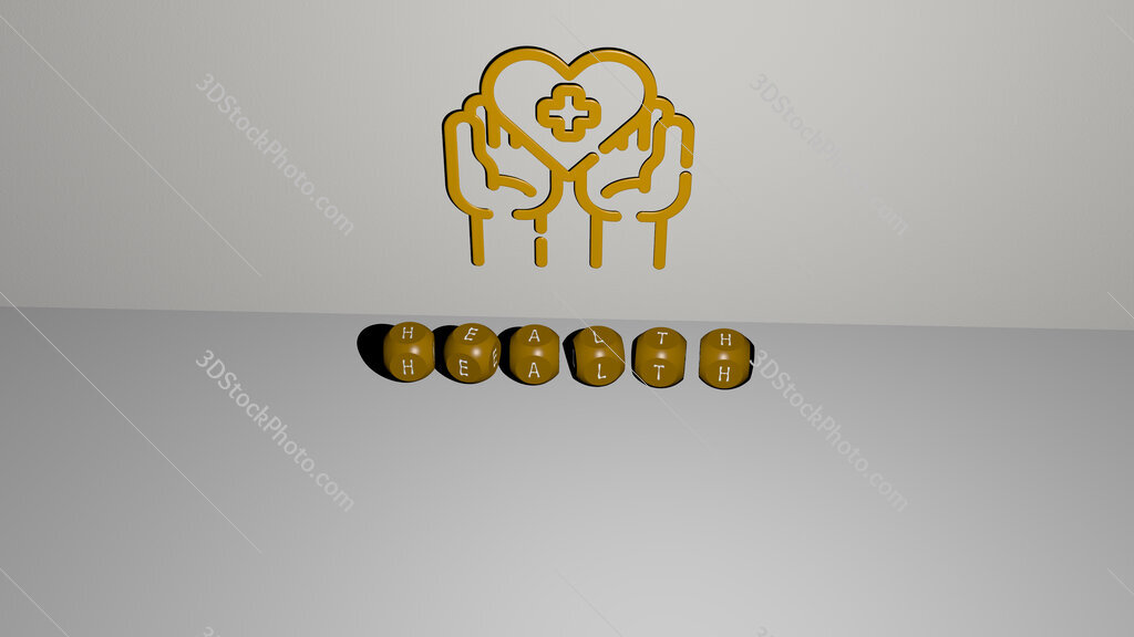 health 3D icon on the wall and text of cubic alphabets on the floor