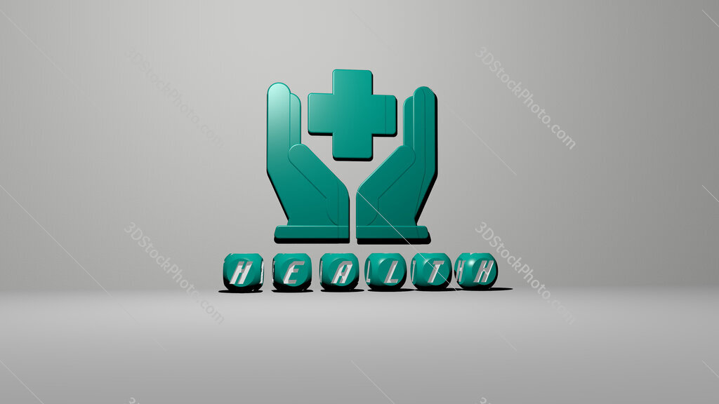 health 3D icon on the wall and text of cubic alphabets on the floor