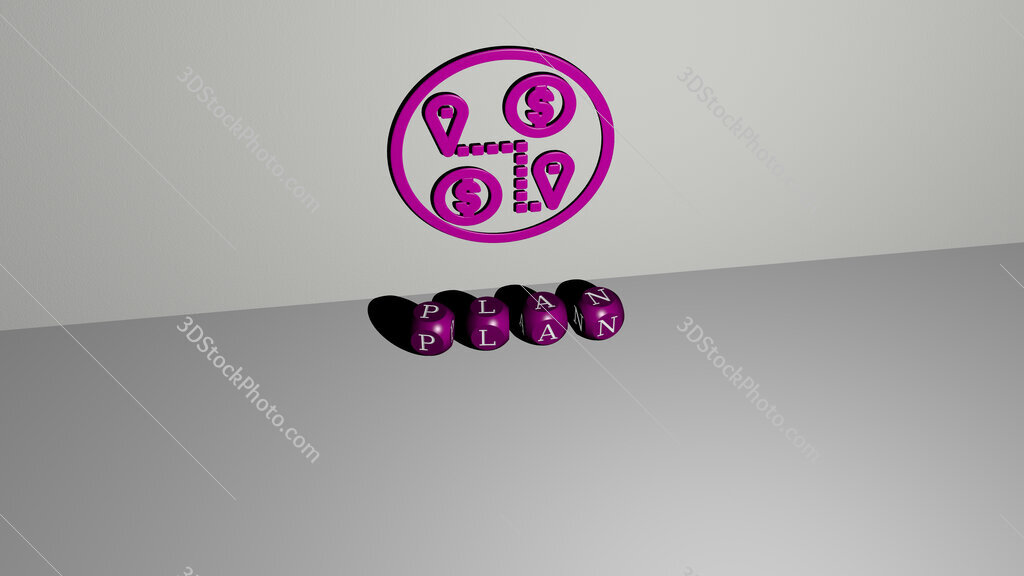 plan 3D icon on the wall and text of cubic alphabets on the floor