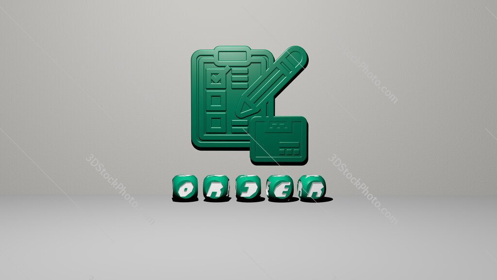 order 3D icon on the wall and text of cubic alphabets on the floor