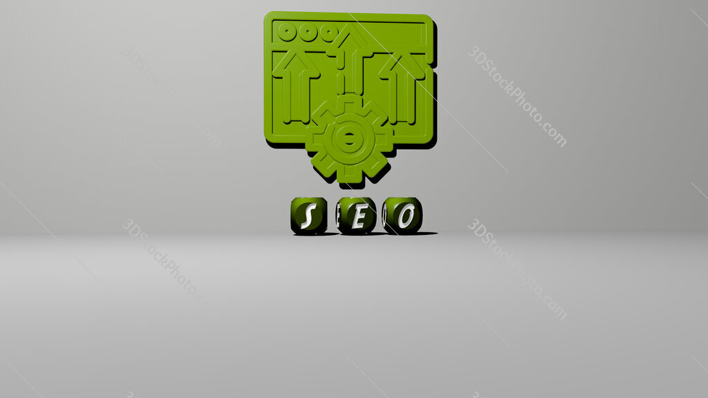 seo 3D icon on the wall and text of cubic alphabets on the floor
