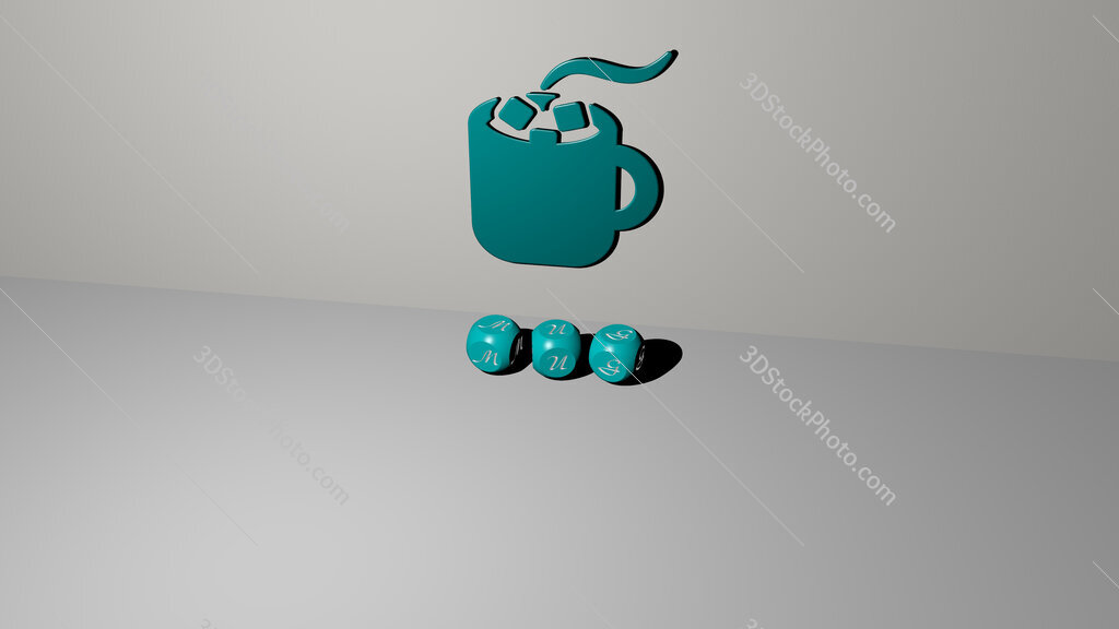 mug 3D icon on the wall and text of cubic alphabets on the floor