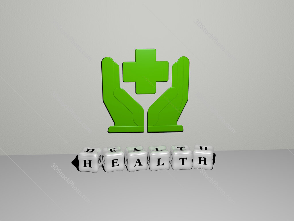 health 3D icon on the wall and cubic letters on the floor